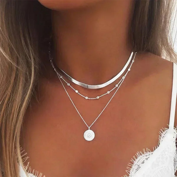 Collar redondo de tres capas de plata de ley 925 para mujer